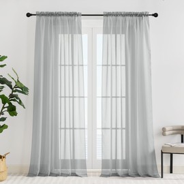 PONY DANCE Light Grey Window Net Curtains 60x90 Inches - Slot Top Super Soft Voile Curtains Light Filtering Semi Transparent Sheer Panels for Bedroom/Living Room/Kitchen Privacy Protection, 2 Panels