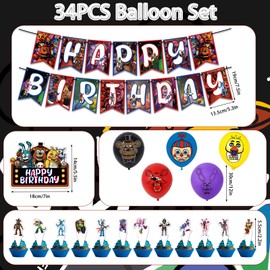 Five Nights at Freddy's Decorations, 34 Pieces FNAF Decorations Birthday Decoration Set with Birthday Banner Balloons FNAF Cupcake for Boys Girls Decoration Theme Party