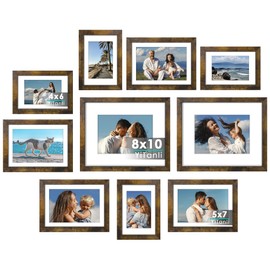 YiTanli Picture Frame Set 10 pack, with Tempered Glass, Gallery Photo Frame Set, Multiple Sizes Including 8x10, 5x7, 4x6 with Mat, Suitable for Wall Hanging or Tabletop Display, Brown.