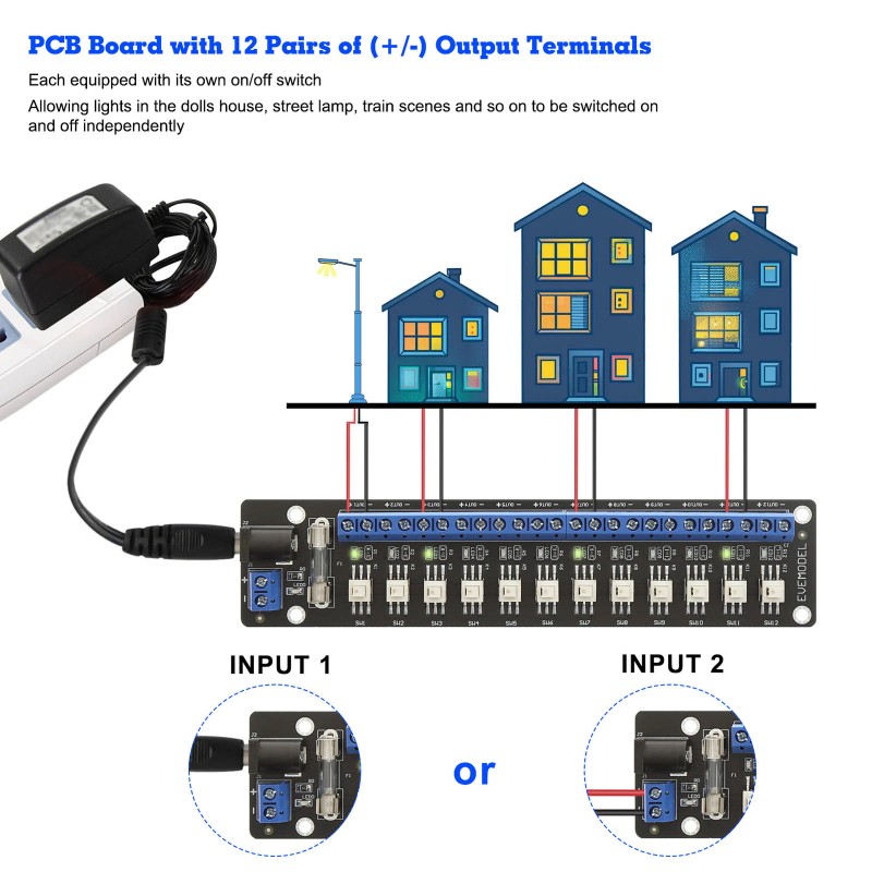 Evemodel 3V-24V DC Power Distribution Module 12 Channel Individual Switches