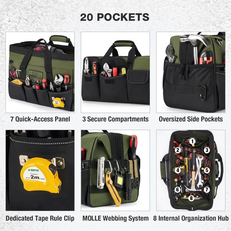 HISEA Heavy Duty Tool Bag 20 Pockets, 16-Inch Portable Tool
