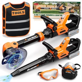 KidBloom Kids Gardening Tools Set with Vest, 2-in-1 Kids Lawn Mower & Kids Leaf Blower with Lights & Sounds, Toy Weed Wacker with Goggles & Mask, Outdoor Pretend Play Toys, Birthday Gifts for Boys 3+