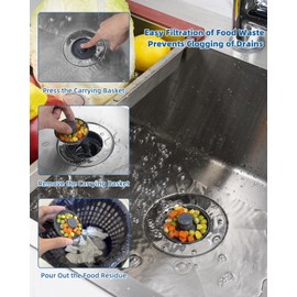 iFealClear 3-in-1 Kitchen Drain Stopper with 2 Basket,Upgraded Kitchen Plug Strainer, Stainless-wrap Shell Replacement for Food Waste Catcher, Suitable for Sinks Hole 70mm-86mm,Depth > 22mm