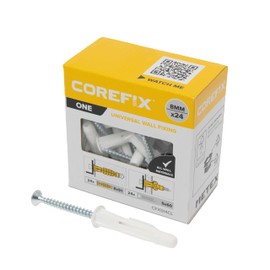 Corefix ONE Universal Wall Plugs & Screws Pack of 24, Heavy Duty (100kg in masonry) Wall Fixing Suitable or All Wall Types. Perfect For Mounting Shelves, Hanging TV's And Securing Cabinets