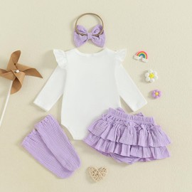 Fall Newborn Baby Girl Outfit Rainbow Long Sleeve Winter Bodysuit Romper Skirt Socks Headband Set (Purple, 3-6 Months)