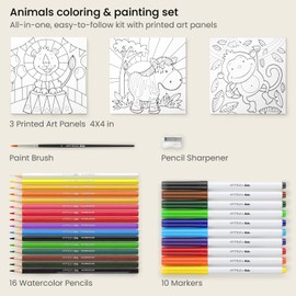 Arteza Kids Animals Coloring Kit, 3 Canvas Panels, 4 x 4 in, 10 Markers, 16 Watercolor Pencils, 1 Paint Brush, 1 Sharpener, Kids Activities for Ages 6 and Up
