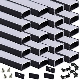 Muzata 20Pack 6.6FT/2M Black LED Channel with Milky White LED Strip Cover Super Wide U Shape Aluminum Channel Shallow Profile Track for Waterproof Strip Light U102 2M BW, LU2 LP1 L2M