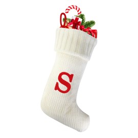 AOITTAMI Christmas Stockings with Initials, 20-Inch Large Embroidered Monogram Knit Christmas Stocking with Letter for Family Xmas Decoration,Fireplace,Holiday Party(White,Letter S)