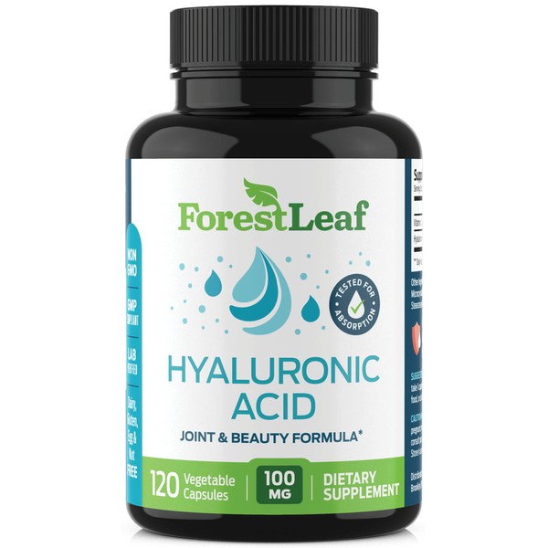 Forest Leaf - Hyaluronic Acid Supplements - 120 Vegetable Capsules - 100mg Dietary Hyaluronic Acid + 50mg Vitamin C Joint & Anti Aging Beauty Formula - Supports Skin Hydration, Joints, Bones & Hair