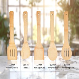 5PCS Wooden Kitchen Utensils for Non-Stick Cookware Tool Set Complete Set of Accessories Bamboo 30CM Spoon Spatula Turner Non-Toxic Deformable Durable Ergonomic Design