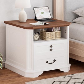IRONCK Night Stand 23.4" Farmhouse End Table with Charging Station, Large Sofa Side Table with 2 Drawers, for Bedroom, White