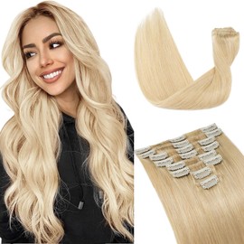 S-noilite 16 Inch Clip in Hair Extensions 100% Human Hair 8Pcs 18Clips Normal Weft Full Head Clip in Hair Extensions for Women Silky Straight Natural Blonde Real Hair Extension(65g,#24 Natural Blonde)