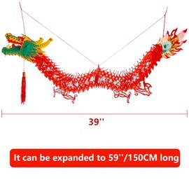 ZENFUN 2025 Chinese New Year Decorations, 39'' Chinese New Year Dragon Garland, Plastic Spring Festival Red Dragon Lantern Hanging Decoration New Year Party Ornaments