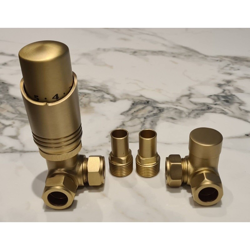 Team Controls Brushed Brass Corner Thermostatic Radiator Valves & Lockshield