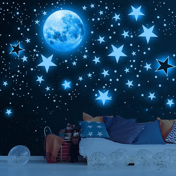 HIMOMO Luminous Stickers, Luminous Star, Moon, Meteor (1049 Piece Set), Glowing Wall Stickers, Star Stickers, Luminous Stickers, Luminous Stickers, Sparkling Stickers, Perfect Atmosphere, Stylish for Rooms, Tendon, Walls, Children's Room (Blue)