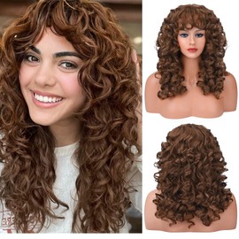 JWLFLOWXISS Curly Wig with Bangs, 21" Long Kinky Curly Wig for Black Women Synthetic Hair for Women Shaggy Haircuts Glueless Bangs Wigs for Cosplay Party Daily Use