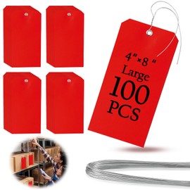 100 Pieces 4x8 inch Large Plastic Tags with Wires Heavy Duty Waterproof Shipping Tags with String Writable Blank Hang Tags for Luggage Garage Inventory Car Parts (red)