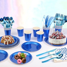 400PCS Paper Plates Set Disposable Party Dinnerware Includes Paper Plates, Napkins, Cups, Plastic Forks Knives Spoons Straws for 2025 Graduations, Birthdays and Weddings, Favor for 50 Guests