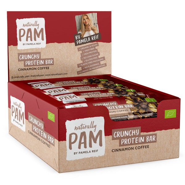Naturally Pam Crunchy Protein Bar | High Protein Protein Bar Snack | Cinnamon Coffee - 12 x 30g