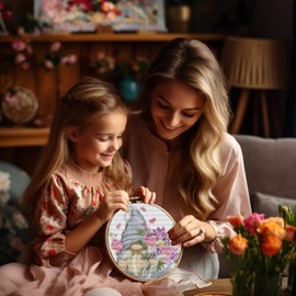 4 Pack Stamped Cross Stitch Kits for Adults with Frame - Gnome Flower Embroidery Kits for Beginners Adults,11 CT Patterns Dimensions Counted Cross Stitch Kits Arts Craft Kits 7.8 x 7.8 inch