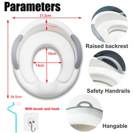 Meision Children's Toilet Seat 34.5 cm, Toilet Attachment Children with Side Handles, Splash Guard, PVC Cushion, Hook and Brush, Toilet Seat Children for Boys and Girls, Grey