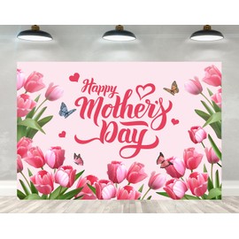 Ticuenicoa 5×3ft Happy Mother's Day Banner Decorations Red Pink Heart Butterfly Flowers Mothers Day Backdrop Mom Gifts for Indoor Home House Decor Party Supplies Background for Photography