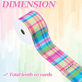 FYSUIMU Colorful Plaid Wired Edge Ribbon 2.5 Inch Spring Pastel Craft Ribbon Easter Candy Color Plaid Fabric Ribbon for Basket Bow Wreath Gift Wrap Party Home Decor, 10 Yards