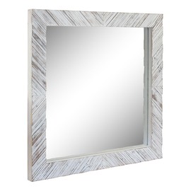 Stonebriar Brown 20" x 20" Square Textured Worn White Wooden Chevron Hanging Wall Mirror with Attached Mounting Brackets, Decorative Decor for the Living Room, Bedroom, Bathroom, Hallway, and Entryway