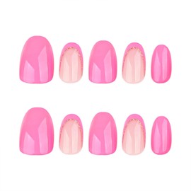 SINHOT Round Press on Nails Medium - Pink & Gold Glitter Oval Nail Art, DIY Fake Nails with Glossy Glue on Nails, 24Pcs