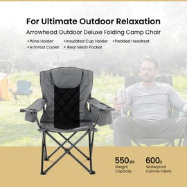 ARROWHEAD OUTDOOR 2-Pack Portable Deluxe Folding Camp Quad Chair w/Headrest, Glass & Cup Holders, Armest 6-can Cooler, Heavy Duty Carry Bag, 550 lbs Weight Capacity