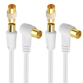 Cable Matters 2-Pack 2m Long TV Aerial Right Angle Cable with Plug Adapter Coaxial Satellite Cable TV Antenna AV Lead Male to Male with RF Connector in White - FreeView, FreeSat, Sky Box, BT