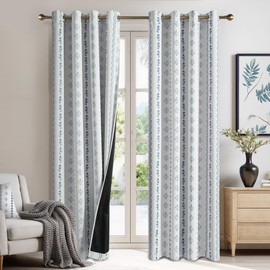 NICETOWN 100% Blackout Boho Curtains for Bedroom 2 Panels, W52 x L84 in, Coastal Rustic Floral Indigo Zigzag Patterned Thermal Insulated Drapes for Beach House, Bohemian Full Light Blocking Shades
