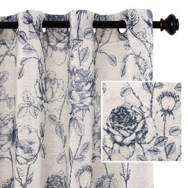 H.VERSAILTEX Linen Curtains Natural Linen Blended Curtain Panels for Living Room/Light Reducing Linen Sheer Curtains 63 inch Length 2 Panels Set Pencil Sketch Style Floral Panels, Navy