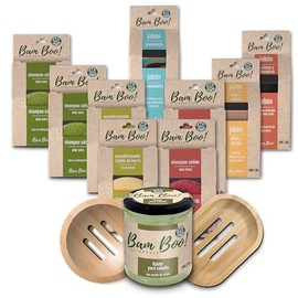 Set de Regalo Eco Cuidado del Cabello y Cuidado de la Piel Natural Bam Boo! Lifestyle con Shampoo Sólido, Acondicionador Sólido, Fijador, Jabones y gratis, Jaboneras de bambú