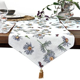 Tache 13 x 54 Floral Table Runner Yellow Daisies Ladybugs Ivory Woven - Vintage Tapestry Farmhouse Kitchen Dining Dinner Linens Cloth Small Coffee Table Runner