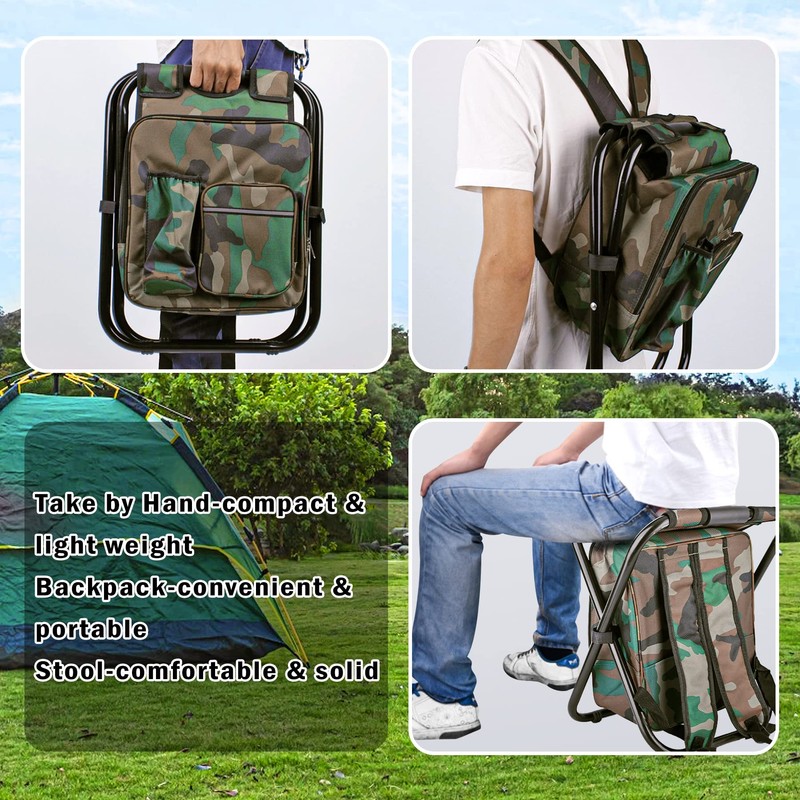 Kikerike Folding Stool Backpack Insulated Cooler Bag, Collapsible Camping Hunting