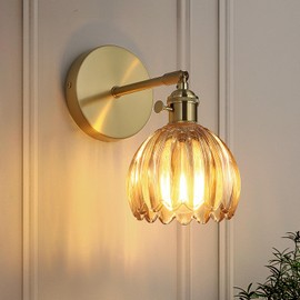 GEOVANCY Vintage Wall Sconce - 180° Adjustable Gold Brass Wall Light with Amber Tulip Glass Shade, Hardwired Sconces for Bedroom, Living Room, Hallway & Vanity (3000K Bulb Included)