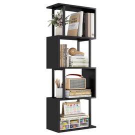 Gadroad 4-Tier Bookshelf, Narrow S-Shaped Geometric Bookcase, Wood Decorative Storage Shelving, Modern Freestanding Display Shelves, Book Shelf Unit for Living Room Bedroom Home Office, Black