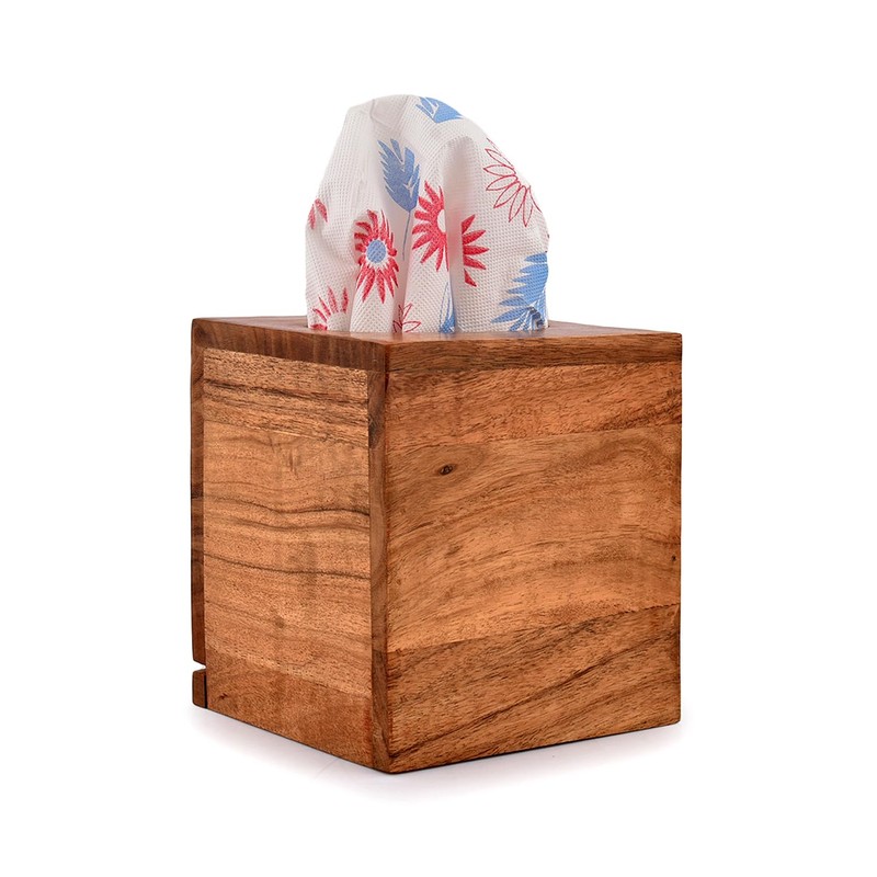 NIRMAN Acacia Wood Square Tissue Box with Slide-Out Bottom for