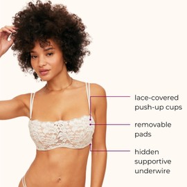 Adore Me Georgianna Balconette Push Up Bra - 30A-38DD Underwire Bra with Lace Cups, Horizontal Neckline, & Removable Pads, White, 38B