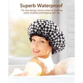 mikimini Shower Cap for Women Reusable Waterproof Large Bathing Hair Cap with Soft Lining - Perfect for Short to Medium Hair - Elegant Checkerboard Design - Ideal for Spa, Home, and Travel Use (M/1PC)