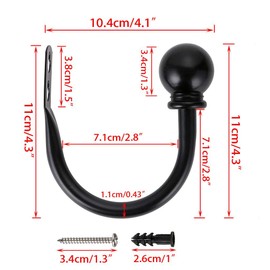 BSTKEY A Pair of Lightweight Metal Curtain Hooks - Retro Wall Mounted Curtain Hold Back Tiebacks Wall Hook Tassel Drapery Holder (Black)