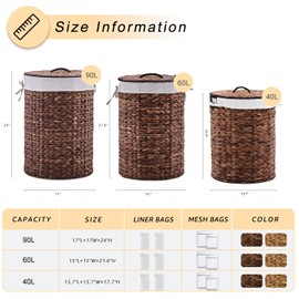 LGENHOOM Round Water Hyacinth Laundry Hamper with Lid Handwoven Wicker Basket with Handles for Dirty Clothes, Storage, and Organization, No Assembly Required, 40L