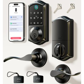 Veise VE017-L Fingerprint Smart Lock with 2 Lever Handles, Keyless Entry Front Door Lock Set, App Control, Electronic Digital Keypad Deadbolt, Easy Installation, Emergency Power Port, Matte Black