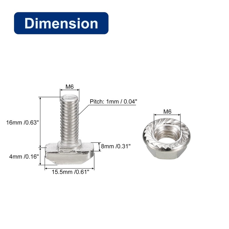 QUARKZMAN M6 x 16 mm T-Nut and M6 Hex Flange