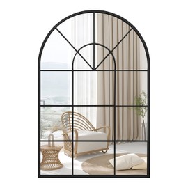 Deanurs Arched Window Metal Mirror, Black Large Rustic Windowpane Wall Mirror for Decor Living Room Entry Bedroom（42"x28"