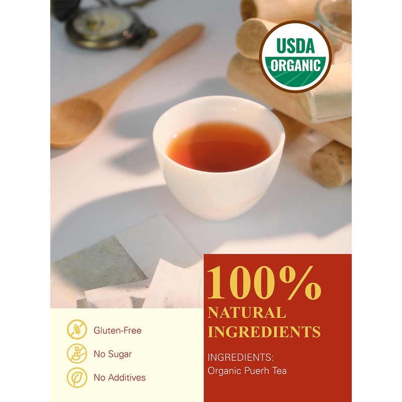 GLDNT Organic Pu-erh Tea Bags, Fermented Yunnan Dark Tea, Bold