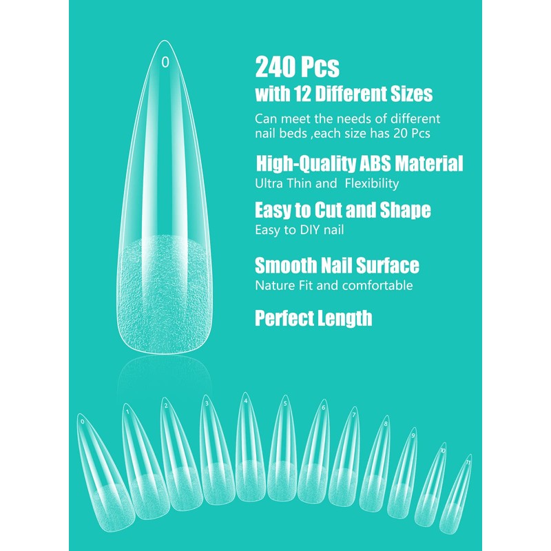 Deciniee Nail Tips, Pack of 240 Full Coverage Square Straight