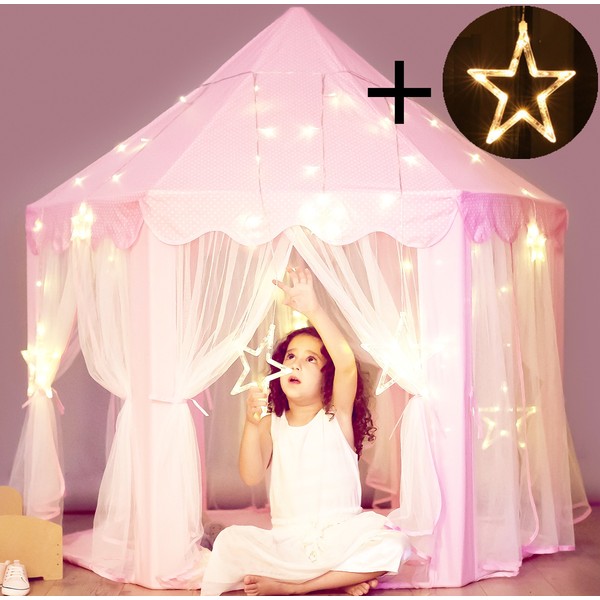 Princess Castle Tent with Large Star Lights String, Durable Kids Playhouse for Indoor & Outdoor Games, Stimulate Pretend and Imaginative Play, Have Fun, Encourage Social Interaction, Cute Pink