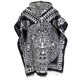 Handmade Mexican Poncho Gaban with Hoodie Aztec Calendar Design Unisex One Size - Black